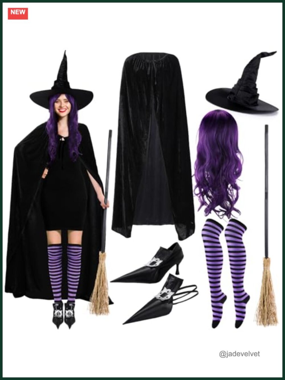 Adult Witch Halloween Costume Set with Velvet Cape, Hat & Broomstick